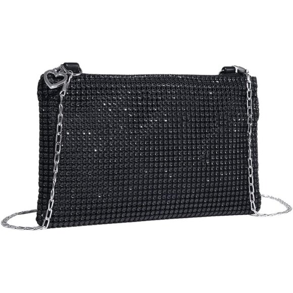 ⚡ Women's Mini Black Shiny Glitter Rhinestone Square Sparkle Evening Clutch Bag - Picture 2 of 7